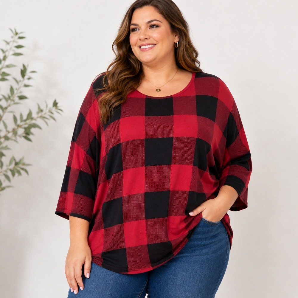 Bobeau Womens 3X Red Black Buffalo Plaid Dolman Top Relaxed 3/4 Sleeve